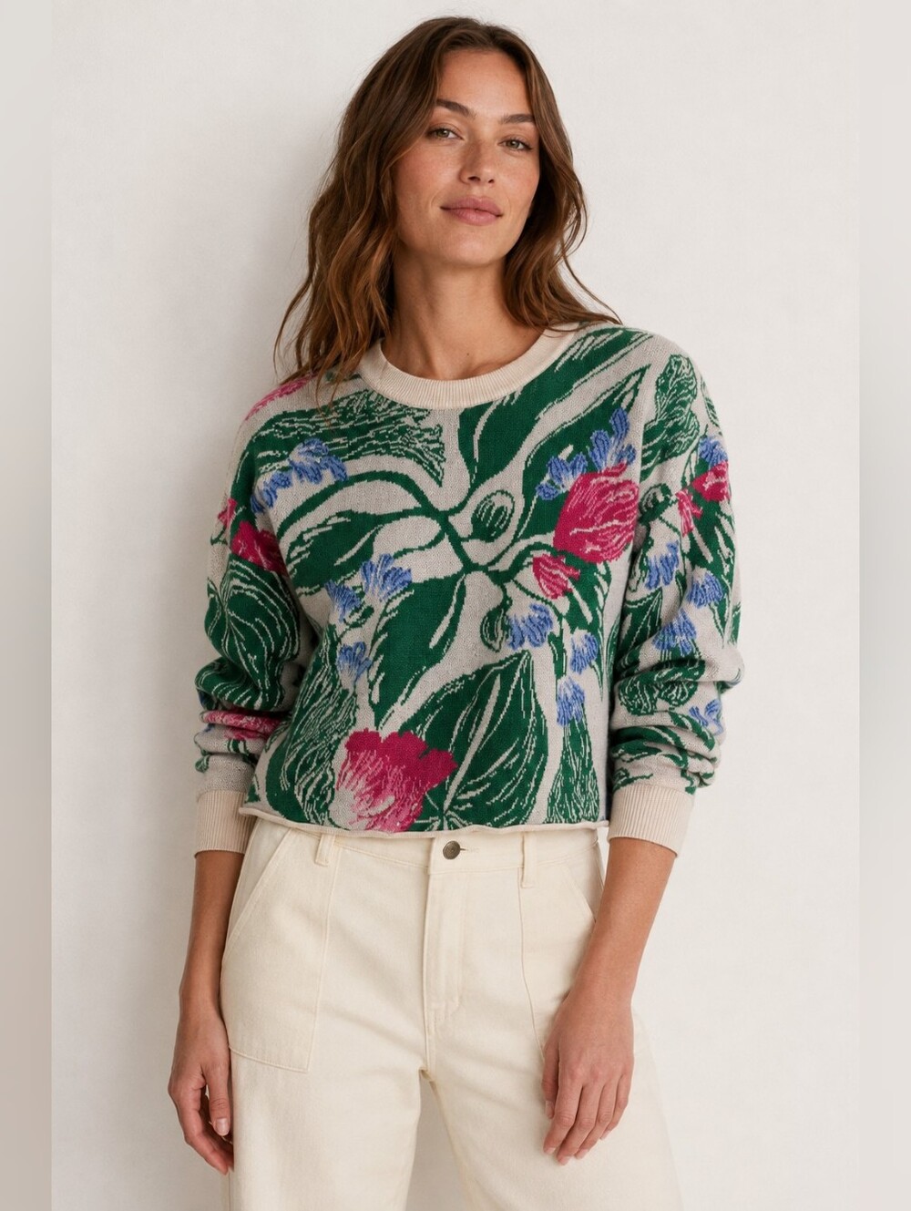 Anthropologie Maeve Floral Cropped Crewneck Sweater